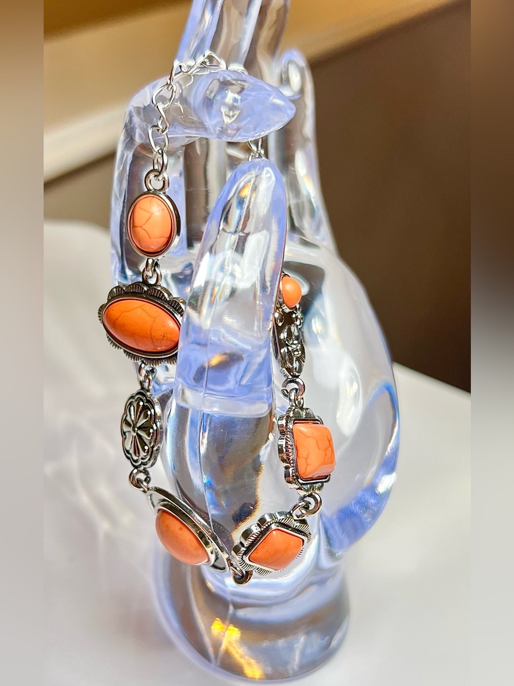 Vintage Southwest Style Orange Turquoise Look Link Bracelet Adjustable